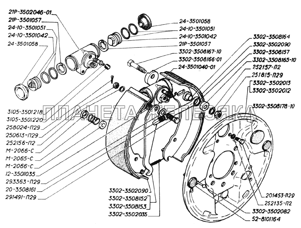 Колесный цилиндр, щит и колодки заднего тормоза, разжимной механизм колодок ГАЗ-2705 (дв. ЗМЗ-406)